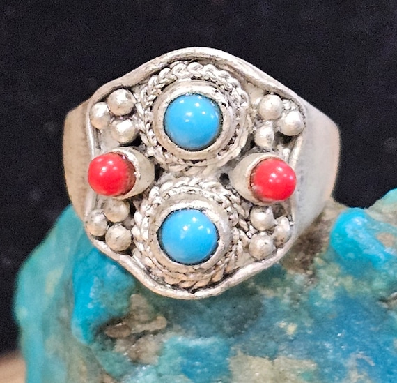 Vintage sterling silver ring with turquoise and j… - image 1