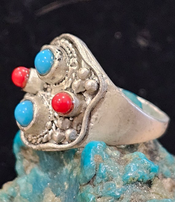 Vintage sterling silver ring with turquoise and j… - image 2