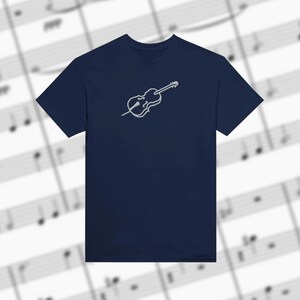 May include: A navy blue t-shirt with a white outline of a cello on the front.
