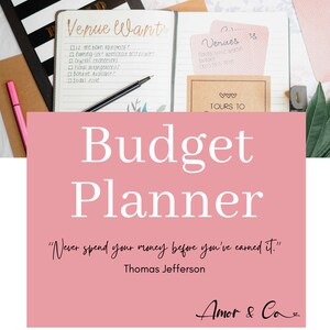 Può includere: Una grafica rosa e rossa con il testo "Budget Planner" in bianco. La citazione "Non spendere mai i tuoi soldi prima di averli guadagnati." di Thomas Jefferson è sotto il titolo. La grafica include anche il testo "Amor & Co."