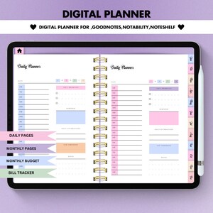 Può includere: Un'interfaccia di app di pianificatore digitale sullo schermo di un tablet. Il pianificatore ha una vista giornaliera e mensile, nonché sezioni per la creazione di budget e il monitoraggio delle fatture. L'app è progettata per l'uso con Goodnotes, Notability e Noteshelf.