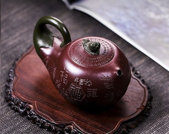 Yixing handgemachte Zisha Teekanne [Glücksaubergine] 320ml | Lila Ton Teekanne | Kungfu-Teekanne | Chinesische Teekanne
