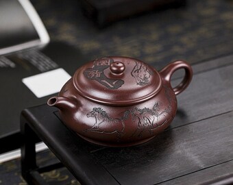 Yixing handgemachte Zisha Teekanne [Acht Pferde] 280ml | Lila Ton Teekanne | Kungfu-Teekanne | Chinesische Teekanne