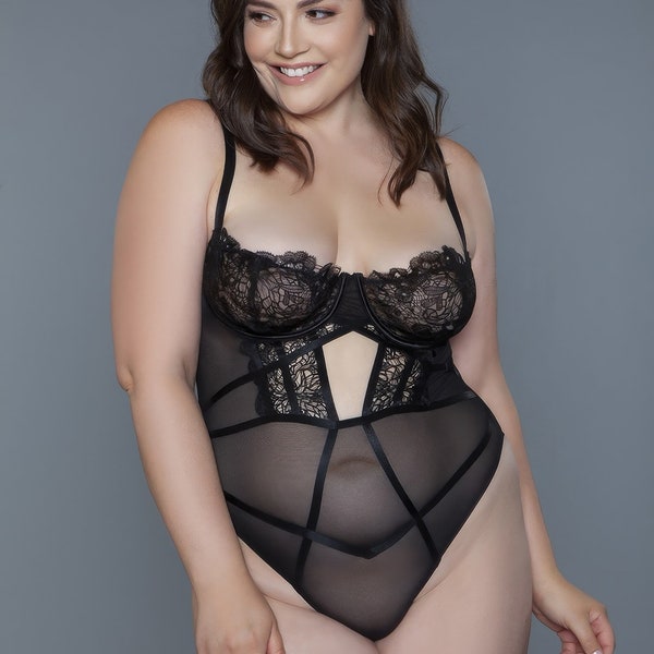 1 Pc Black See Through Underwired Cups Plus Size Bodysuit