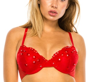 Red Bedazzled Adjustable Bra with Non Removable Straps