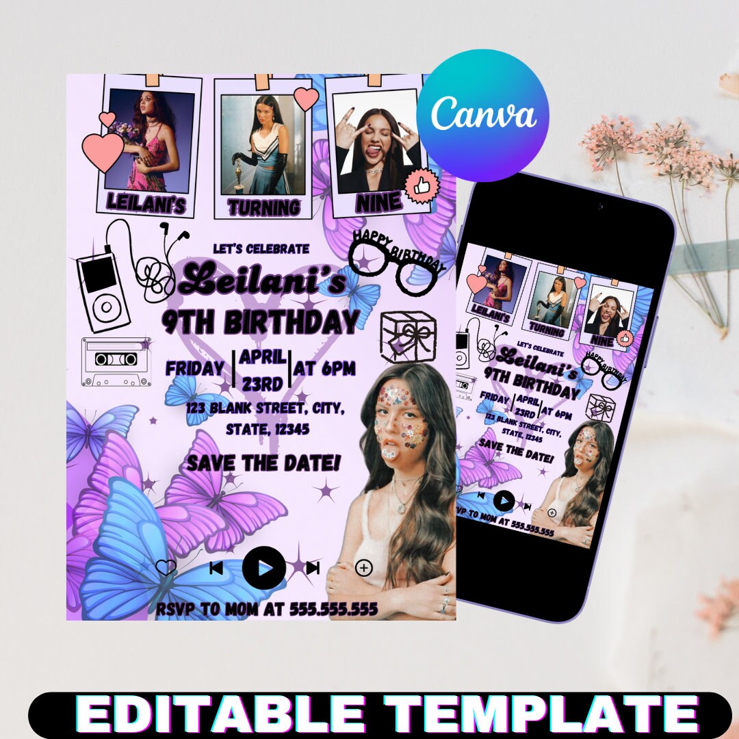 Olivia Rodrigo, Birthday Invitation Template, Editable, Kids Birthday