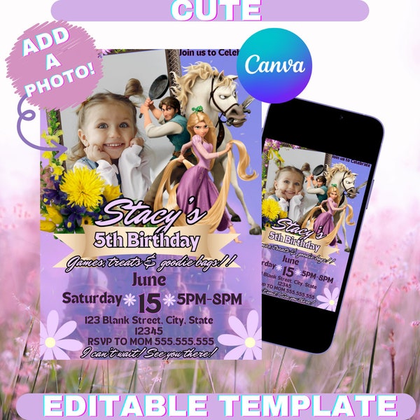 Rapunzel Birthday invitation, Princess invitation, Tangled Birthday invitation, editable template, princess theme, tangled rapunzel invite