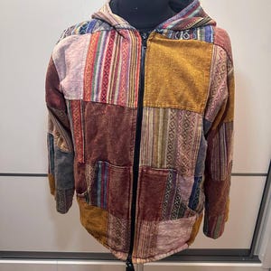 Handcrafted Stonewashed Cotton Patchwork Boho/Hippy Fleece Jacked Hooded Unisex
