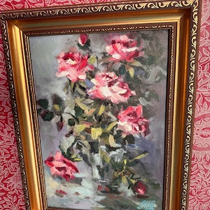 Original oil painting of vase and roses in impressionism style 24X34 cm