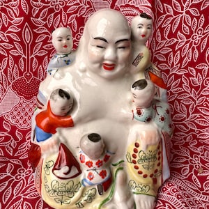 Vintage Family Rose Porcelain Statue Lauphing Smiling Buddha with 5 children