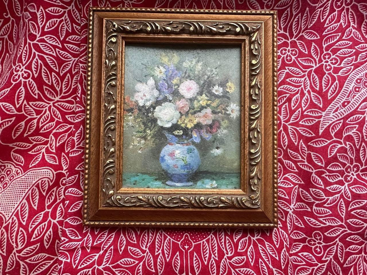 Vintage Small Tiny Oil Painting Still Life with Flowers in a Vase, Floral Harmony 15x17