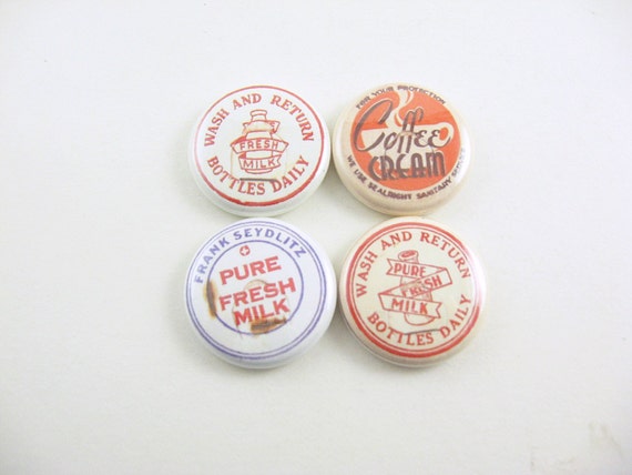 set of 4 in small gift tin Vintage Milk Bottle Caps Fridge Magnets