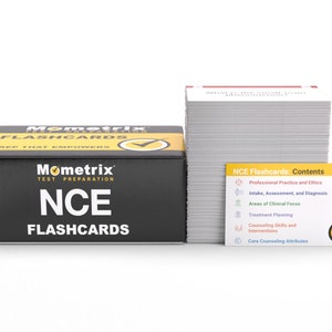 May include: A black box with the text "Mometrix Test Preparation NCE Flashcards" on it. A stack of white flashcards with a yellow card on top that says "NCE Flashcards: Contents" and lists the topics covered in the flashcards.