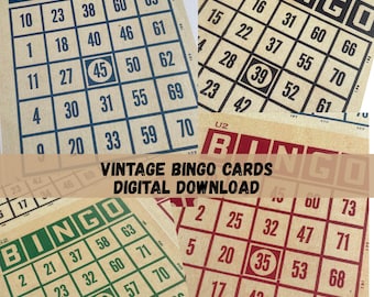 May include: A collection of vintage bingo cards with various numbers in a grid format. The cards feature the word "BINGO" at the top and are in shades of blue, green, and red. The text "VINTAGE BINGO CARDS DIGITAL DOWNLOAD" is also visible.