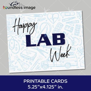 Puede incluir: Tarjeta imprimible con un tema médico azul y blanco. La tarjeta dice "Happy Lab Week" con una ambulancia azul en el fondo.