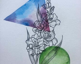 A4 ORIGINAL Custom Gladiolen Schwarze Tinte und Aquarell Illustration Botanische Illustration Geburt Monat Blume August Garten Wandkunst