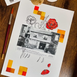 Aquarelle et encre de formes originales conceptuelles de coquelicots et de Tetris sur une carte postale vintage Highgate Londres A4 Noël Nouvel An cadeau unique pour elle