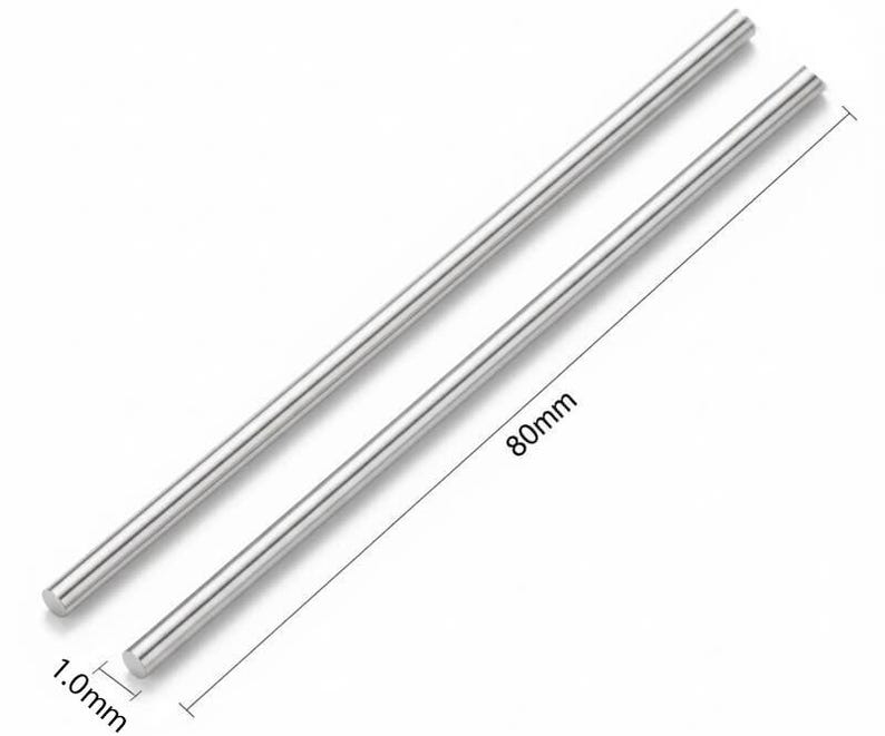 May include: Two silver metal rods, each 80mm long and 1.0mm in diameter, are shown against a white backdrop. The rods are parallel, indicating they are a set. The image is well-lit, highlighting the smooth, reflective surface of the metal. The rods are approximately 3.15 inches long.