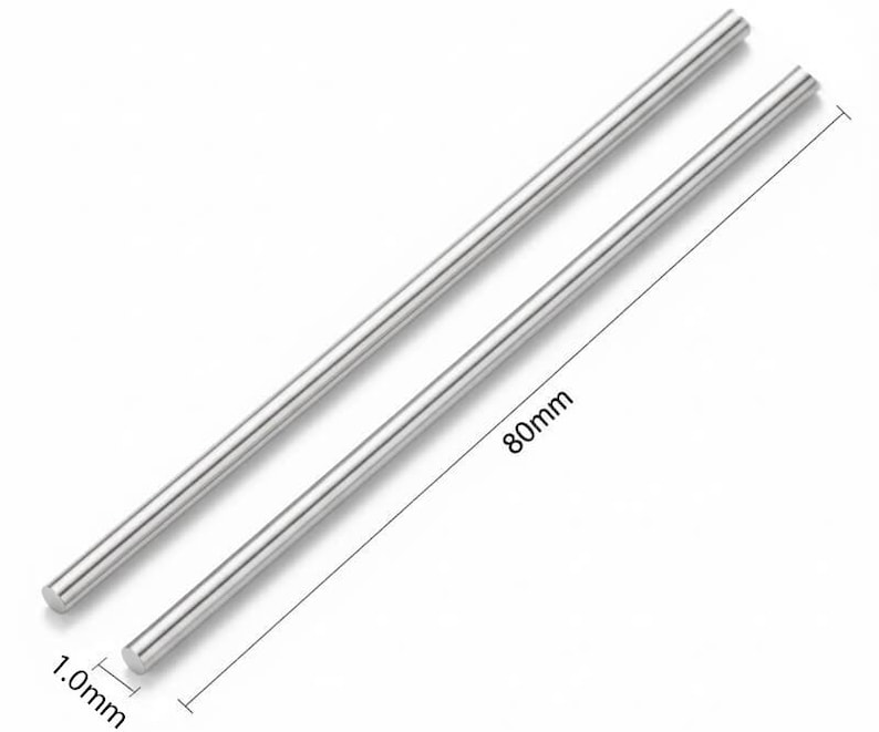May include: Two silver-colored metal rods, each 80mm long and 1.0mm in diameter, are displayed against a white background. The rods are parallel to each other, suggesting they are a set or pair. The image is well-lit, highlighting the smooth, reflective surface of the metal.
