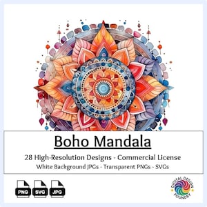 28 boho-mandala's clipart aquarel png, SVG, JPG, spiritueel, yoga, meditatie decor