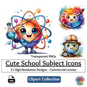 学校の科目アイコン | 教育用クリップアート | 31 種類の水彩 PNG クリップアート | 教室の装飾とリソース | 教師向け科目アイコン
