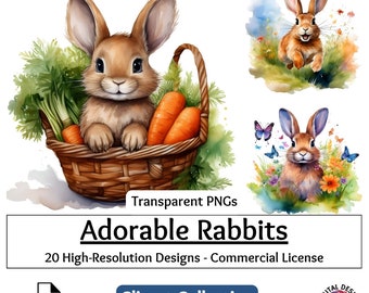 Adorable Rabbits Watercolor Clipart | 20 PNGs | Cute Bunny Illustrations | Transparent Backgrounds