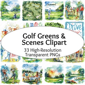 33 Aquarell Golf Clipart Golf Greens & Szenen PNG Set Golfer Geschenke Einladungen Digitaler Download