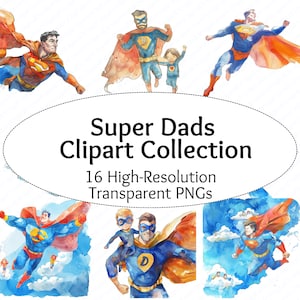 16 Aquarell Super Dad Clipart Superheld Papa & Kinder PNGs Vatertag, Geburtstagsgeschenke Digitaler Download