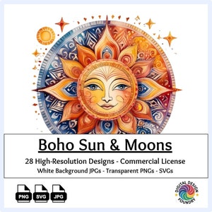 Celestial clipart 28 aquarel PNG, SVG, JPG, Boho Sun & Moon, astrologische ontwerpen
