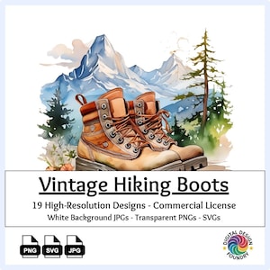 19 Vintage Hiking Boots Clipart Watercolor PNG, SVG, JPG, Retro Outdoors, Adventure Decor