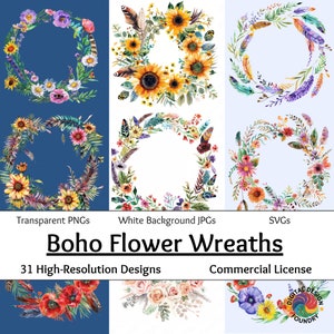 31 Aquarell Boho Blumenkränze PNG, SVG, JPG Rustikal, Hochzeit, Floral Clip Art Digital Download