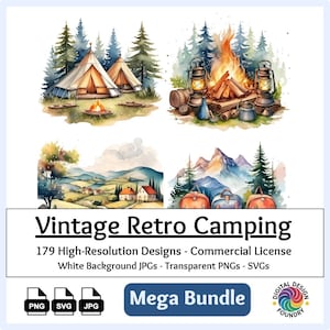 179 Vintage Camping Clipart Bundle PNG, SVG, JPG, Retro Aquarell Outdoors, Lagerfeuer, Camper Van