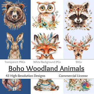 Watercolor Boho Woodland Animals Clipart: Nursery Decor (Digital Download)