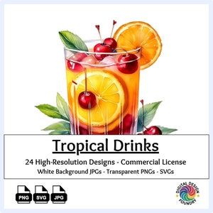 28 Tropical Drinks Clipart Watercolor PNG, SVG, JPG, Summer Cocktails, Beach Party, Tiki Bar