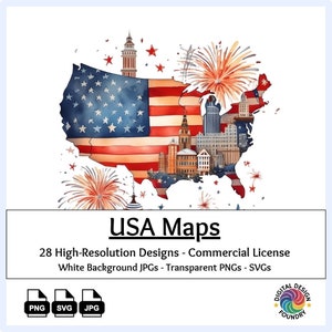 28 American Map Clipart Watercolor PNG, SVG, JPG, Patriotic Decor, 4th of July, Americana