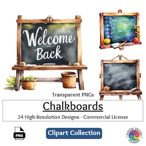 Chalkboard Watercolor Clipart | 24 PNGs | Rustic Blackboard Designs | Transparent Backgrounds | Ideal for Crafts & Invitations