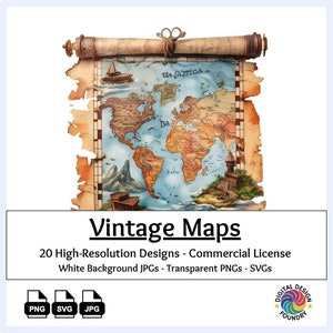 20 ビンテージ マップ クリップアート 水彩 PNG、SVG、JPG、レトロ地図作成、宝の地図、旅行