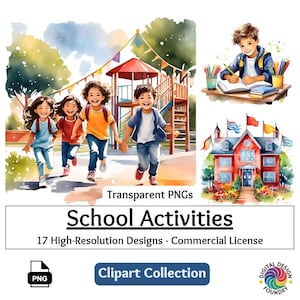 Clipart di classe giocosa / 53 PNG ad acquerello / Attività e scene scolastiche / Giornate scolastiche / Bambini che imparano giocando