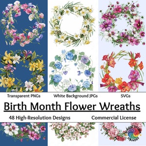 48 aquarelles mois de naissance fleur couronnes Clipart PNG, SVG, JPG anniversaire floral, décoration de mariage