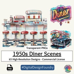 1950s Retro Diner Scenes Watercolor Clipart 65 PNGs Vintage Food Waitresses Classic Cars Milkshakes Jukeboxes Retro Diner Scenes