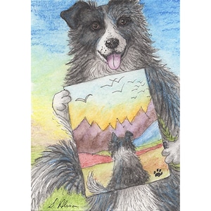 Border Collie dog 5x7 & 8x10 art print sheepdog artist painter self portrait colouring book picture proud of himself pleased w self Alison