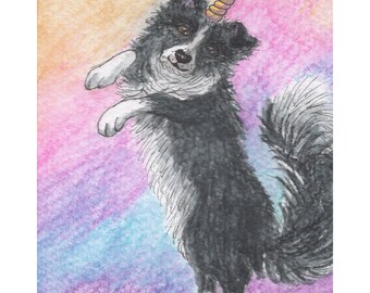 Mythological creature Border Collie dog 8x10 and 5x7 inch signed prints poster from a watercolour painting by Susan Alison sheepdog unicorn