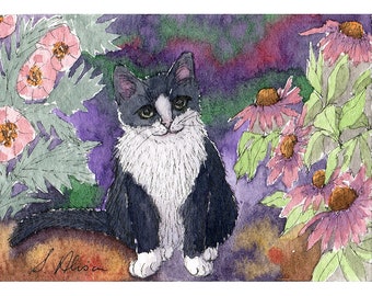 Original tuxedo cat mini art ACEO ATC - a Susan Alison watercolour painting black & white hiding in the garden coneflowers miniature floral