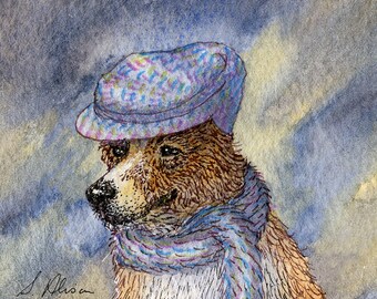 Welsh Corgi dog pup 5x7 8x10 signed art print poster it's cold out hat and scarf winter gear from a Susan Alison watercolour painting cap