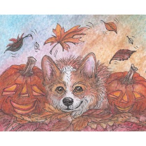 Welsh Corgi dog 5x7 & 8x10 art prints he was taking a break from rolling in autumn leaves from a Susan Alison watercolour painting pumpkins