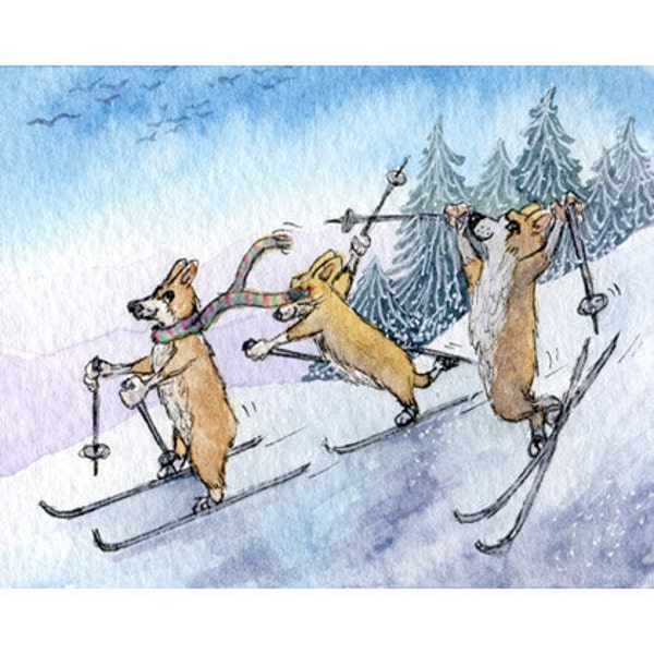 Walisische Corgis-Hunde, die auf den Pisten herumalbern, 5 x 7 8 x 10 Druck, Skifahrer, die Ski fahren, herumalbern, herumspielen, verschneite Landschaft, malerische Aussicht, Susan Alison