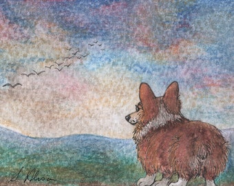 looking to the hills Welsh Corgi dog 5x7 & 8x10 print from Susan Alison watercolour painting poster landscape distant mountains  scenic view
