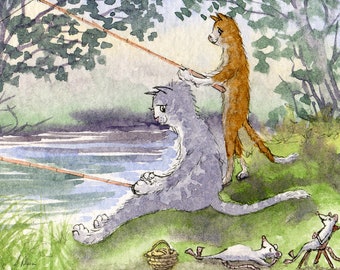 Silver tabby cat 5x7 and 8x10 art prints poster ginger gone fishing on th river bank mouse mice picnic from Susan Alison watercolor painting