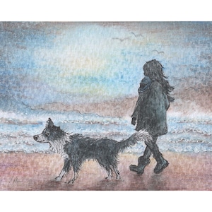 Border collie dog and his human 5x7 & 8x10" print poster from watercolour painting by Susan Alison walk on the beach landscape woman girl
