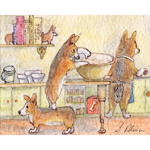 May include: Four corgi dogs in a kitchen setting. One corgi is standing on top of another corgi, while the other two corgi dogs are mixing a bowl of ingredients. The kitchen counter has a shelf with a collection of cookbooks titled "Treats", "Beef & Bacon", "Gourmet Dog", "Charmaine Chef", "Organic", "Kiggle", and "Recipes".